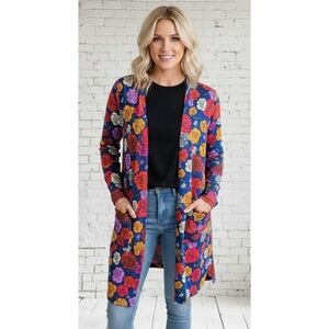 Lularoe Sarah Cardigan Multicolor Roses on a blue background Size M